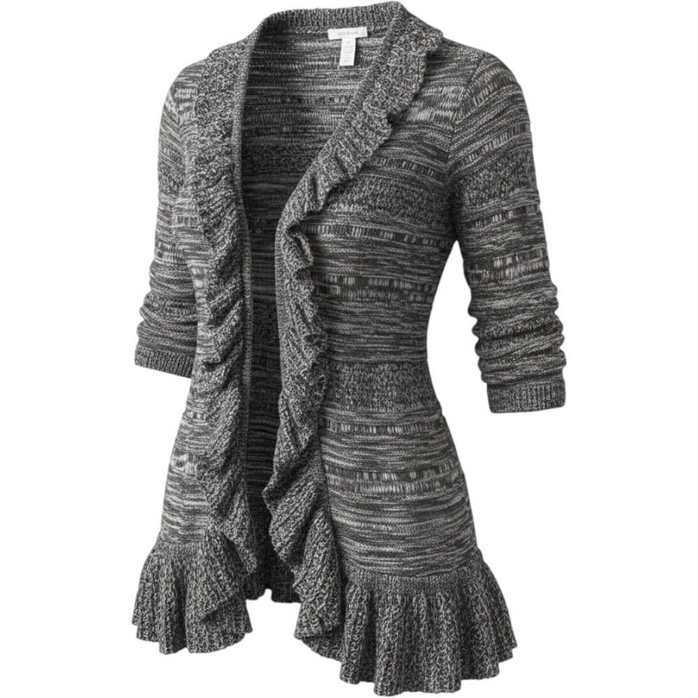 Style & Co Womens XL Grey Space Dye Ruffle Trim Open Front Cardigan Sweater